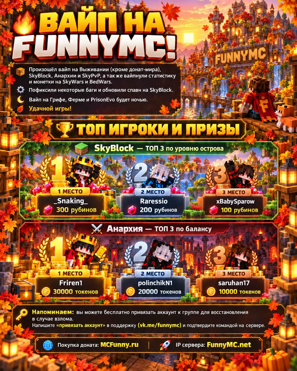 Обложка новости «🔥 Вайп на Выживании, SkyBlock, Анархии и SkyPvP!»