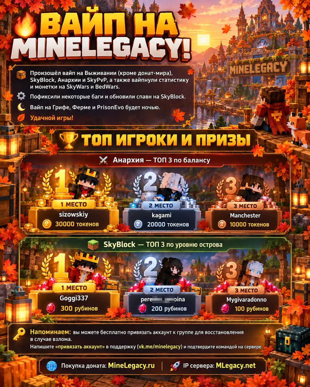 Обложка новости «🔥 Вайп на Выживании, SkyBlock, Анархии и SkyPvP!»
